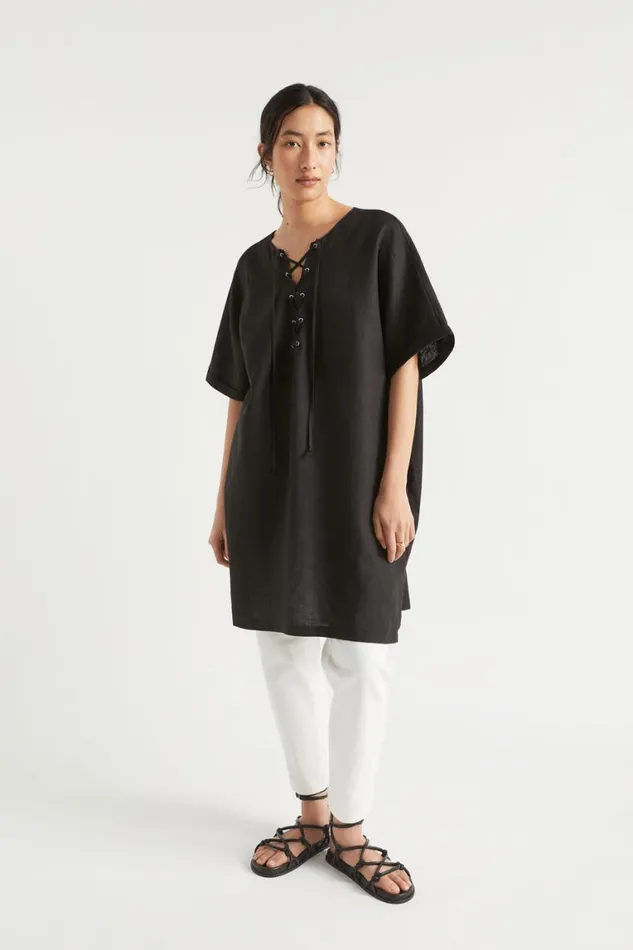 Seed Heritage Scarves and Kaftans Linen Tie Up Kaftan Black 8211 Woman