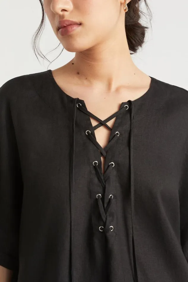 Seed Heritage Scarves and Kaftans Linen Tie Up Kaftan Black 8211 Woman