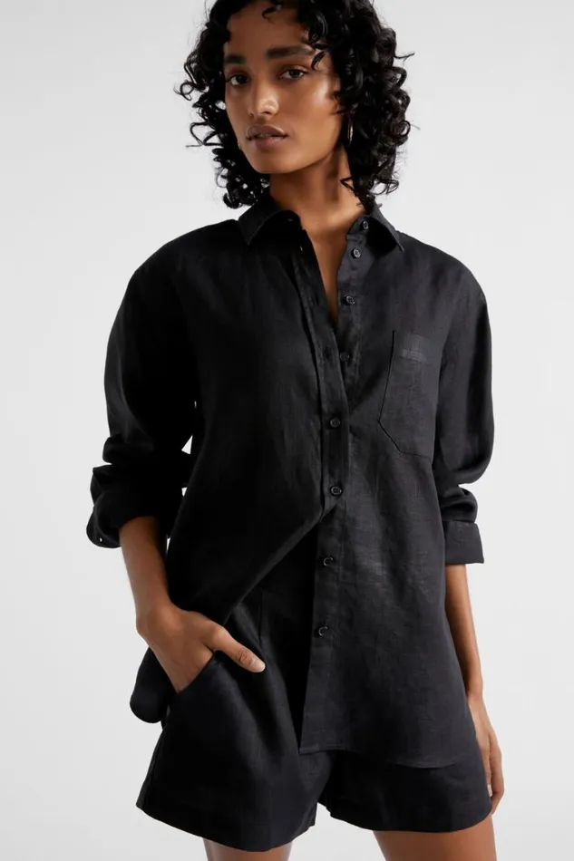 Seed Heritage Shirts Core Linen Boyfriend Shirt Black 8211 Woman