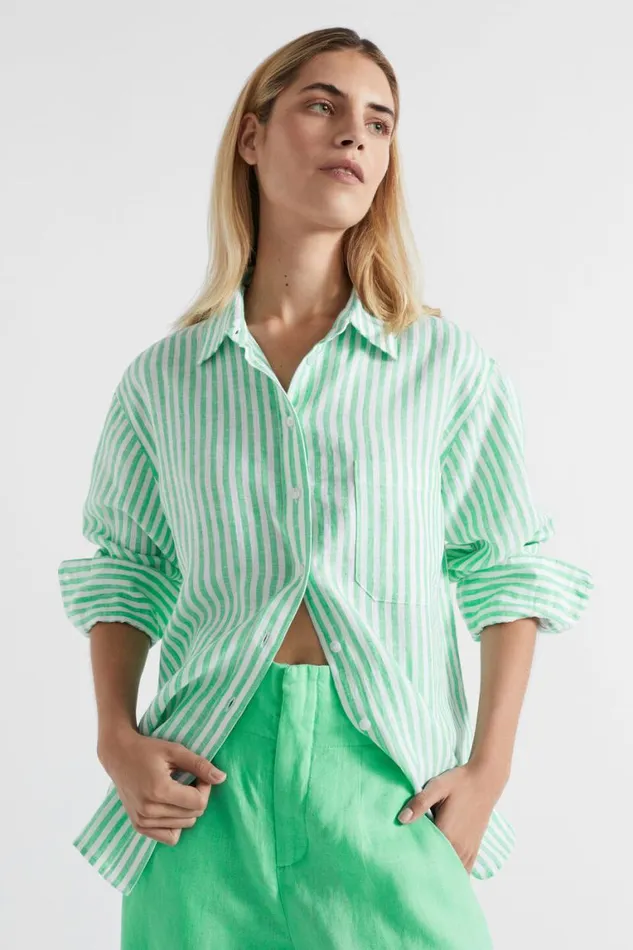Seed Heritage Shirts Core Linen Boyfriend Shirt Key Lime Stripe 8211 Woman