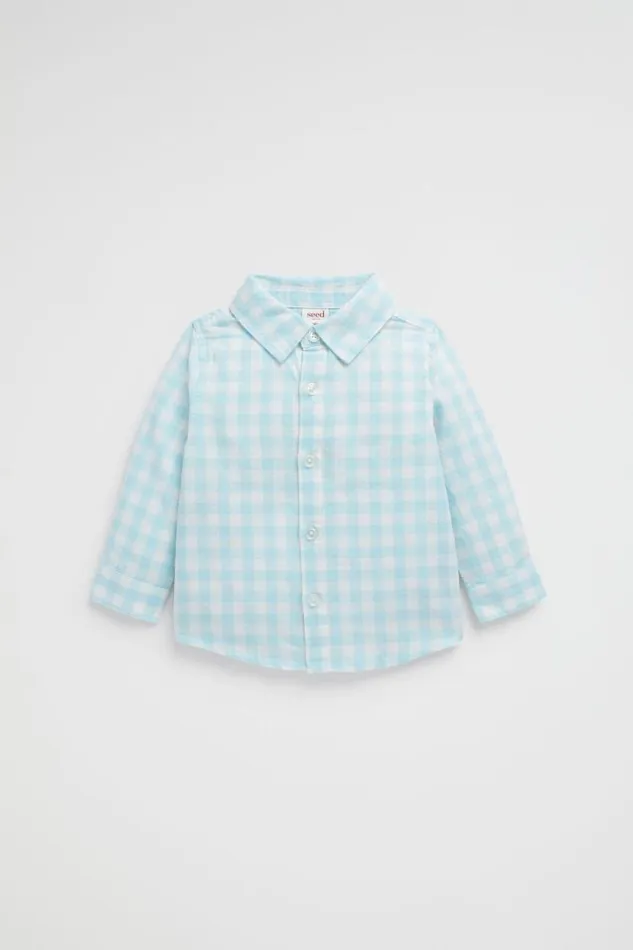 Seed Heritage TShirts and Tops Check Linen Shirt Ocean Blue 8211 Baby