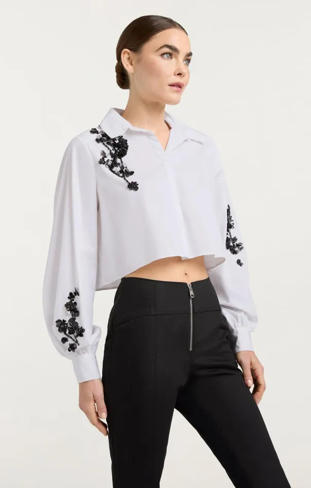 Shop Cropped Selina Top Sequin Flower Whiteblack Cinq Sept Long Sleeve Tops