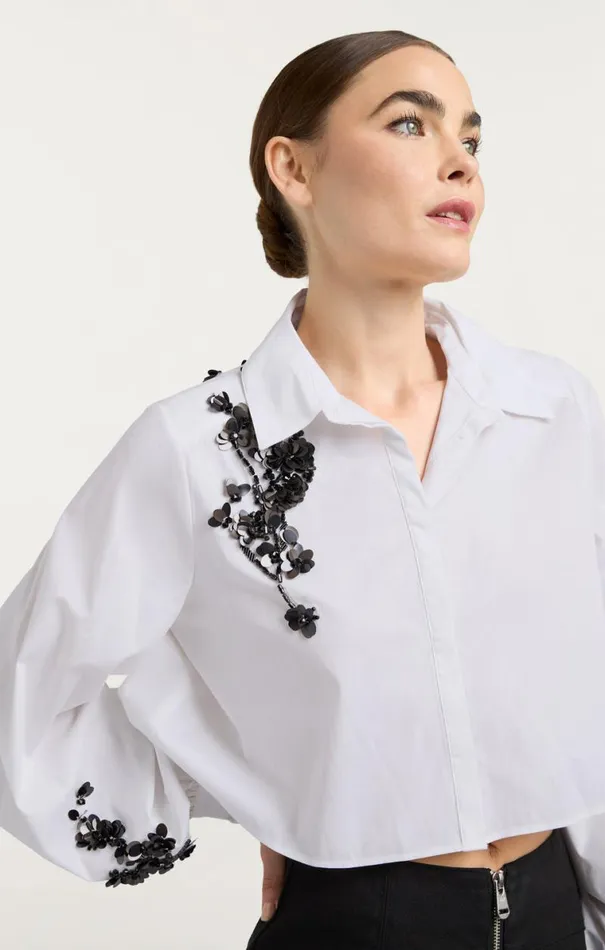 Shop Cropped Selina Top Sequin Flower Whiteblack Cinq Sept Long Sleeve Tops