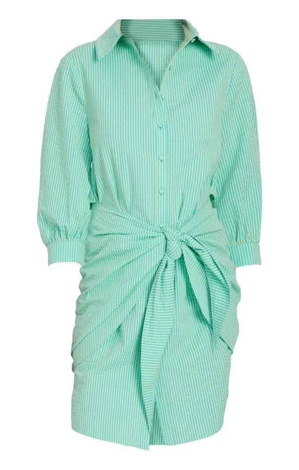 Shop Striped Seersucker Three Quarter Sleeve Gaby Dress Cyanlima Bean Cinq Sept Mini