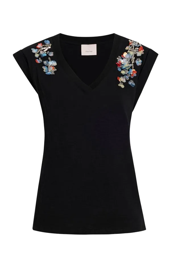 Shop VNeck Bella Tee Sequin Flower Black Multi Cinq Sept Tees