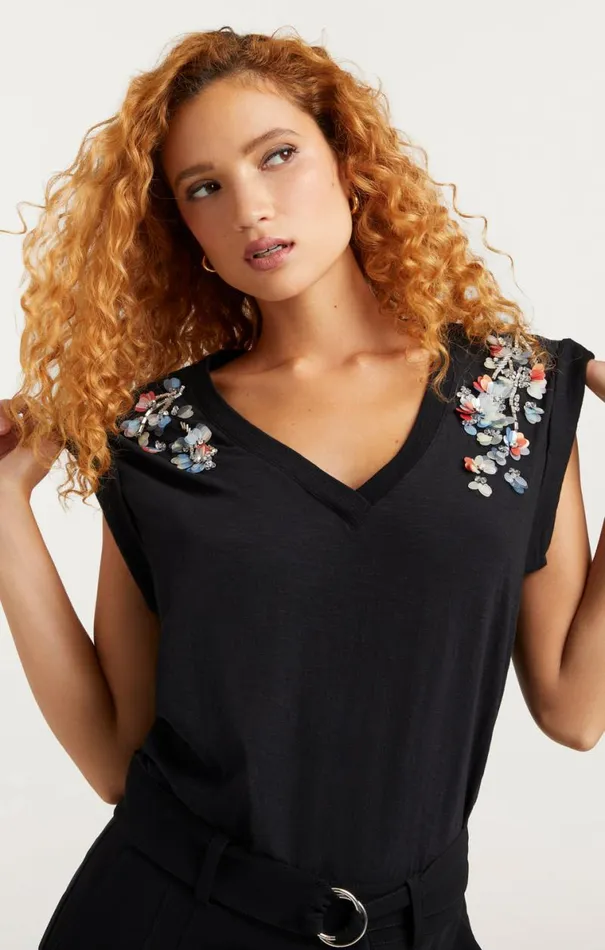 Shop VNeck Bella Tee Sequin Flower Black Multi Cinq Sept Tees