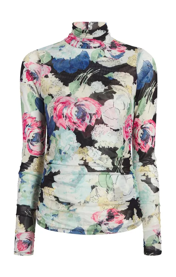 Shop Wildwood Flower Shirred Mesh Turtleneck Black Multi Cinq Sept Long Sleeve Tops