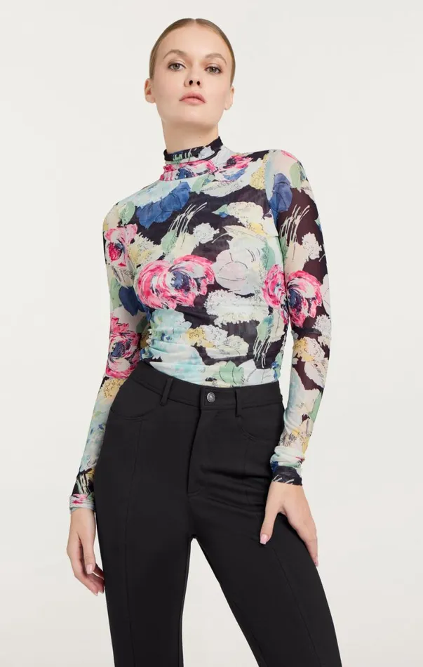 Shop Wildwood Flower Shirred Mesh Turtleneck Black Multi Cinq Sept Long Sleeve Tops