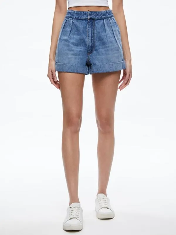 Shorts Women Alice Olivia CONRY PLEATED DENIM SHORT Ivy Blue