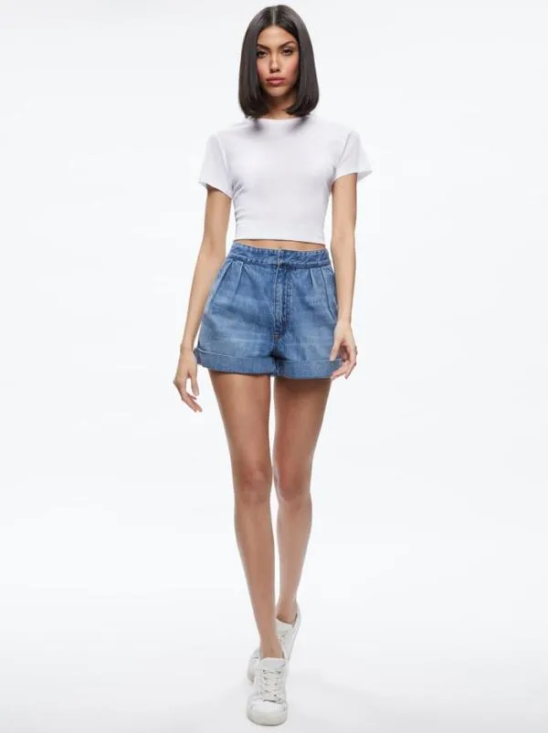 Shorts Women Alice Olivia CONRY PLEATED DENIM SHORT Ivy Blue