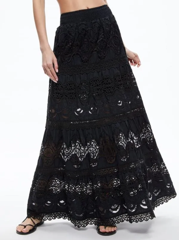 Skirts Women Alice Olivia CALI EMBROIDERED TIERED MAXI SKIRT Black