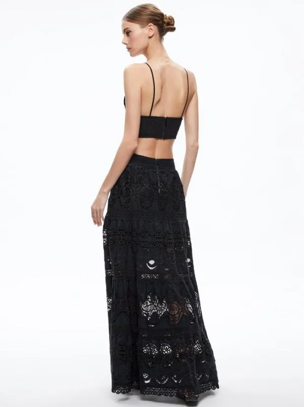 Skirts Women Alice Olivia CALI EMBROIDERED TIERED MAXI SKIRT Black