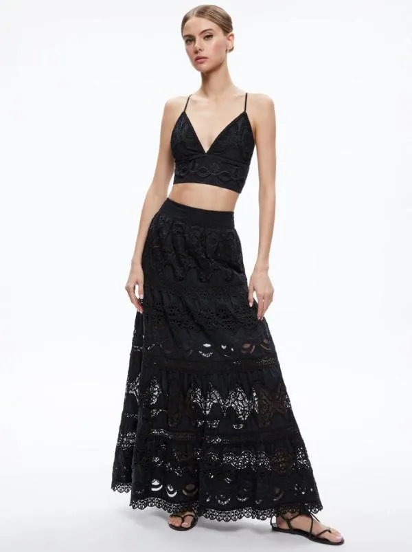 Skirts Women Alice Olivia CALI EMBROIDERED TIERED MAXI SKIRT Black