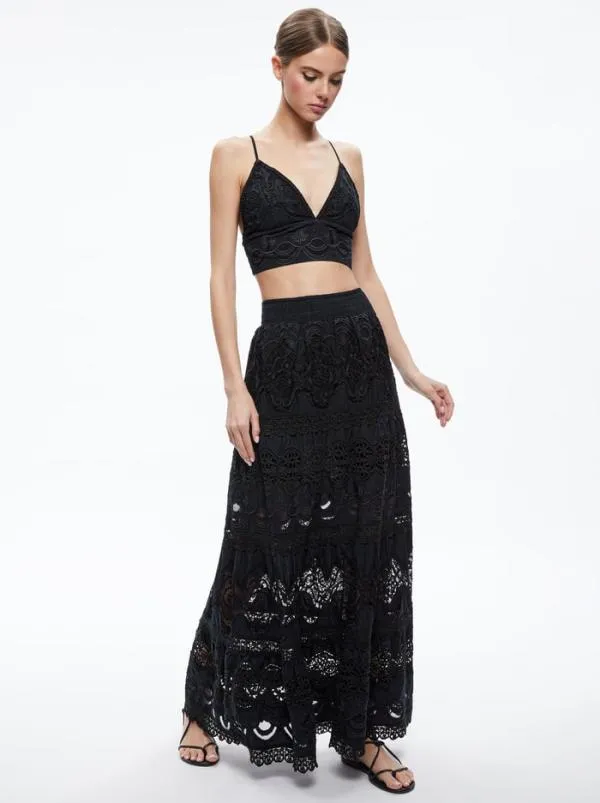 Skirts Women Alice Olivia CALI EMBROIDERED TIERED MAXI SKIRT Black