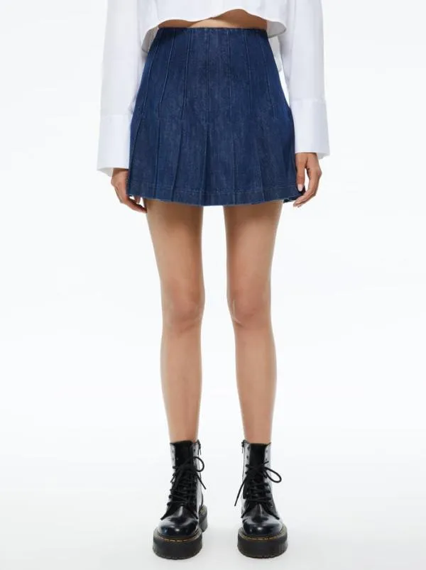 Skirts Women Alice Olivia CARTER PLEATED DENIM MINI SKIRT Love Train