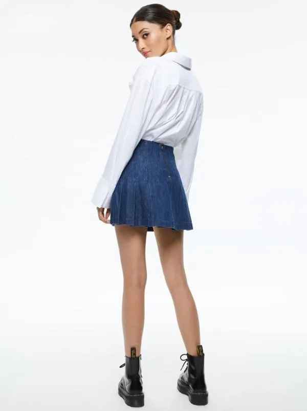 Skirts Women Alice Olivia CARTER PLEATED DENIM MINI SKIRT Love Train