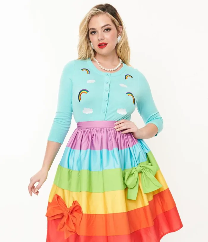Sky Blue and Rainbow Embroidered Bookworm Cardigan Clothing Unique Vintage Sweaters and Cardigans Sky Blue and Rainbow Embroidered Bookworm Cardigan Clothing Unique Vintage Sweaters and Cardigans