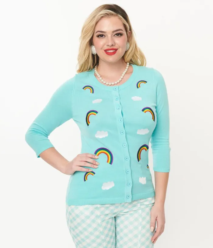 Sky Blue and Rainbow Embroidered Bookworm Cardigan Clothing Unique Vintage Sweaters and Cardigans