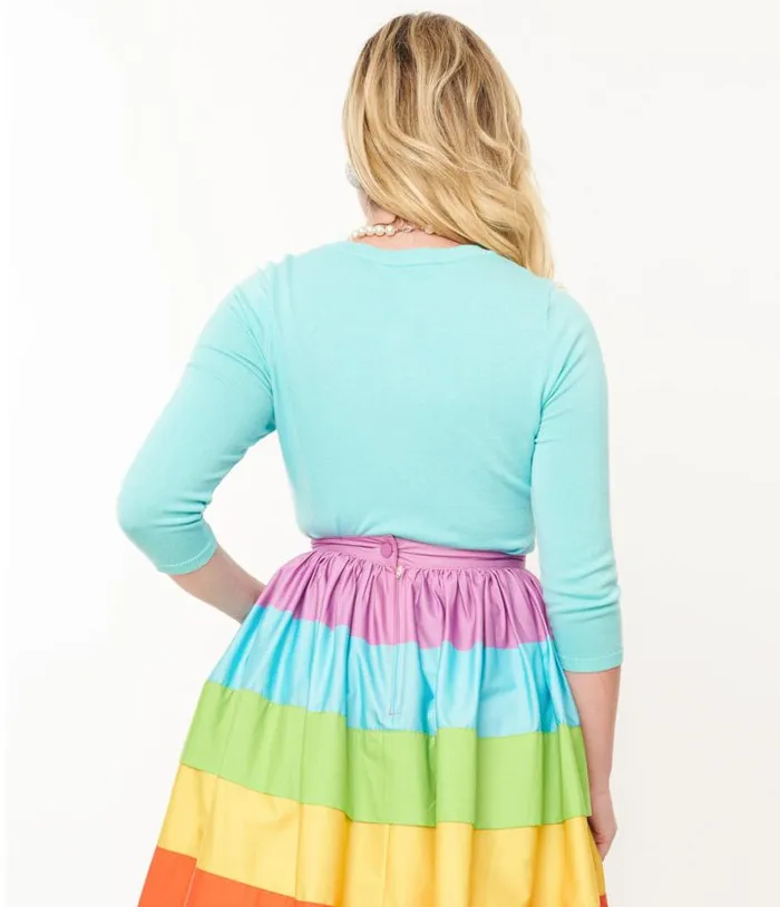 Sky Blue and Rainbow Embroidered Bookworm Cardigan Clothing Unique Vintage Sweaters and Cardigans