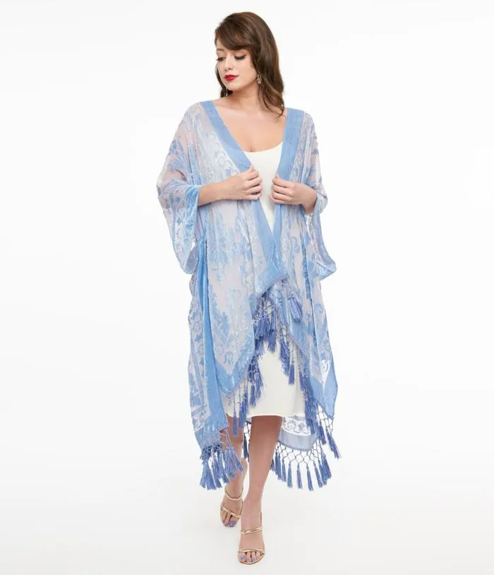 Sky Blue Velvet Mesh Tapestry Kimono ClothingPlus Unique Vintage Jackets