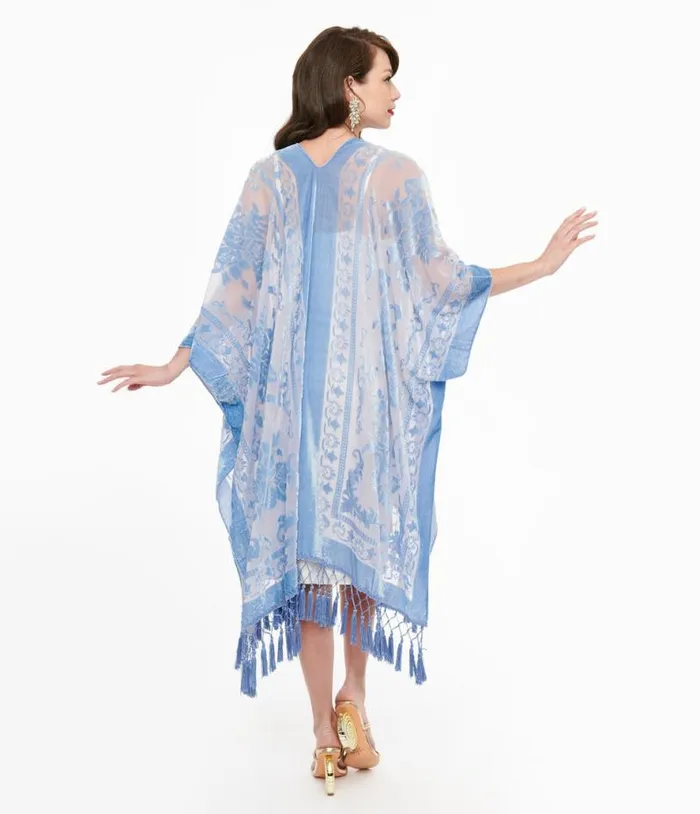 Sky Blue Velvet Mesh Tapestry Kimono ClothingPlus Unique Vintage Jackets