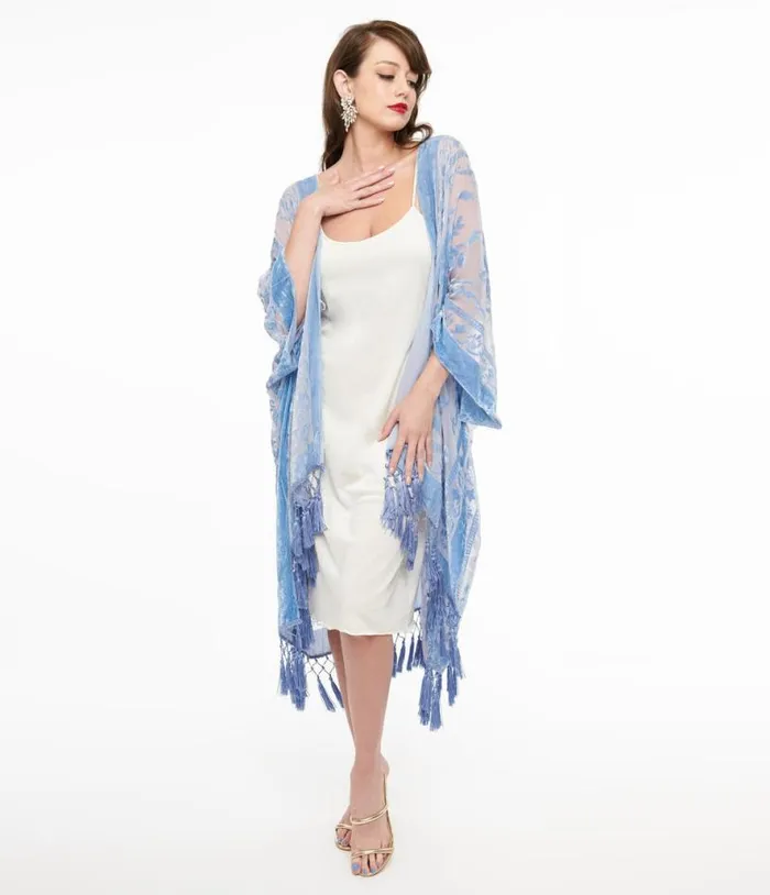 Sky Blue Velvet Mesh Tapestry Kimono ClothingPlus Unique Vintage Jackets