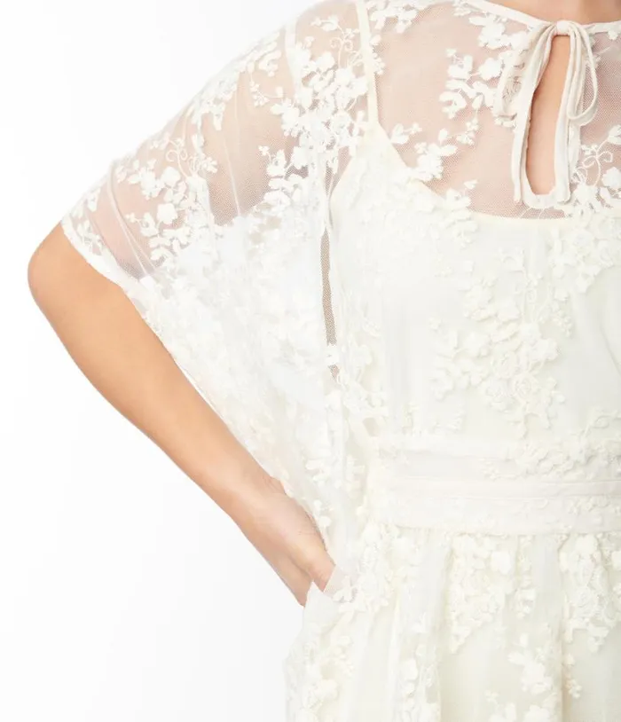 Smak Parlor 1970s Ivory Embroidered Lace Mini Caftan DressesPlus Unique Vintage Maxi