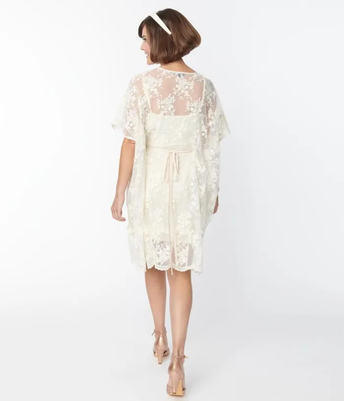 Smak Parlor 1970s Ivory Embroidered Lace Mini Caftan DressesPlus Unique Vintage Maxi
