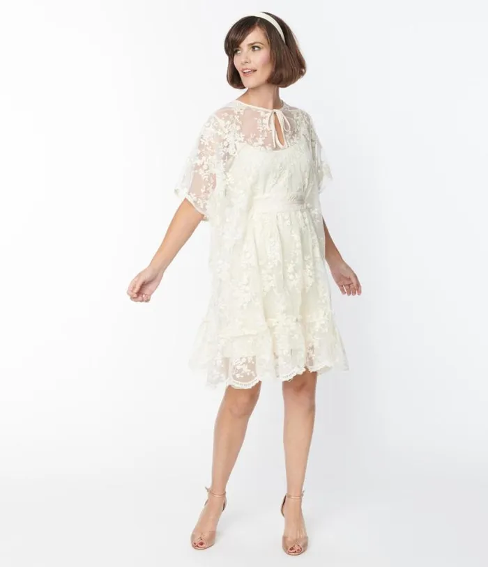 Smak Parlor 1970s Ivory Embroidered Lace Mini Caftan DressesPlus Unique Vintage Maxi