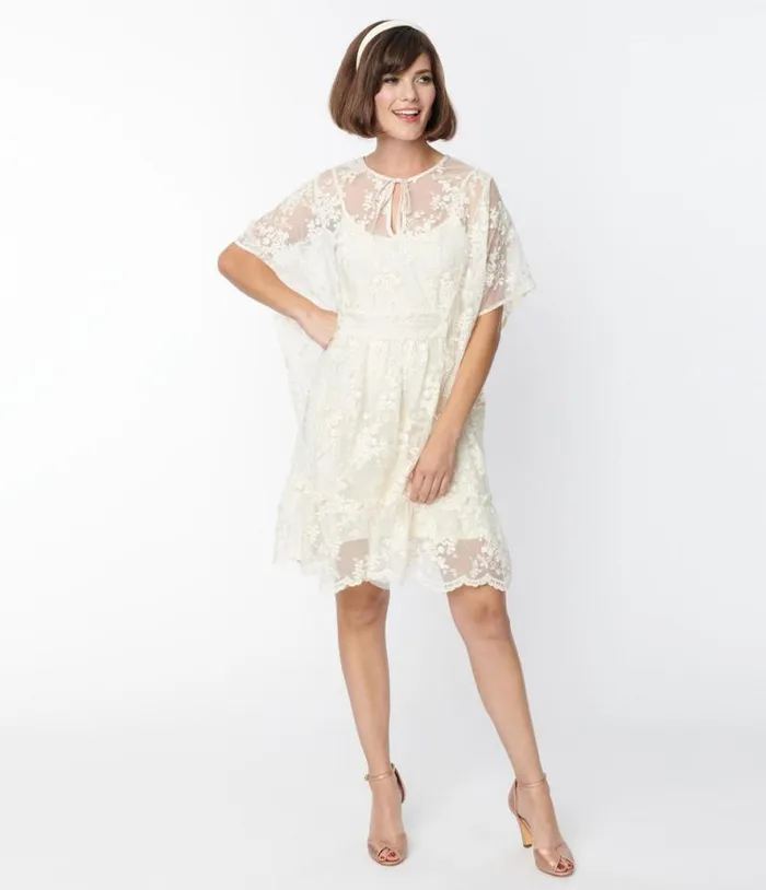 Smak Parlor 1970s Ivory Embroidered Lace Mini Caftan DressesPlus Unique Vintage Maxi