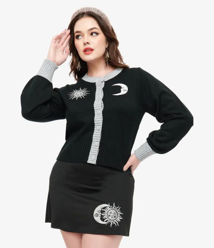 Smak Parlour 1960s Black and Silver Celestial Embroidered Cropped Cardigan Clothing Unique Vintage Sweaters and Cardigans Smak Parlour 1960s Black and Silver Celestial Embroidered Cropped Cardigan Clothing Unique Vintage Sweaters and Cardigans