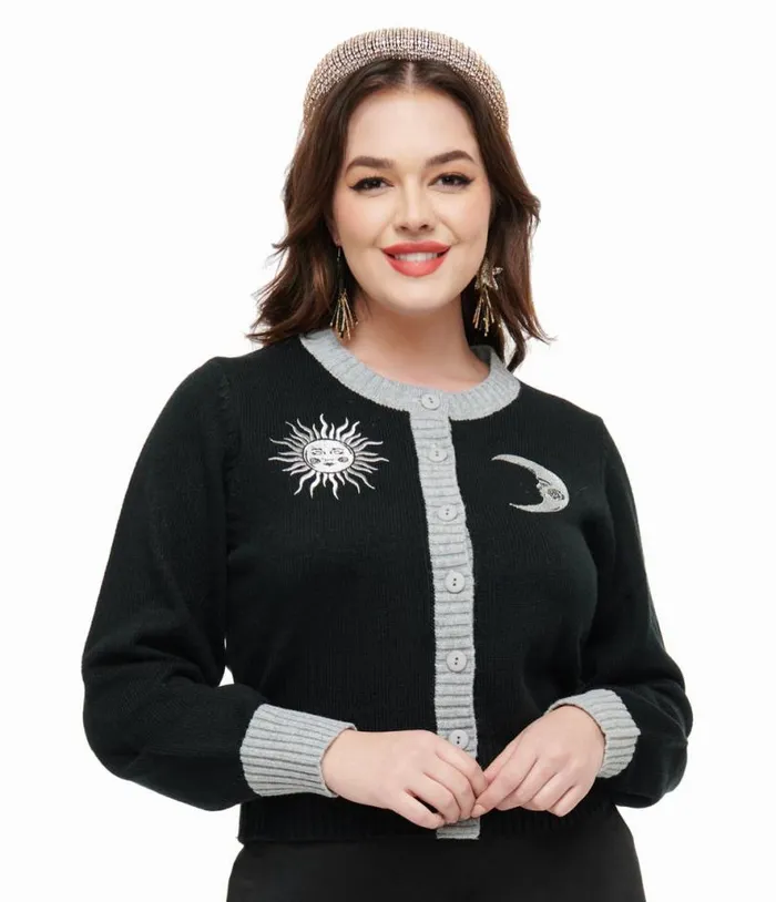 Smak Parlour 1960s Black and Silver Celestial Embroidered Cropped Cardigan Clothing Unique Vintage Sweaters and Cardigans