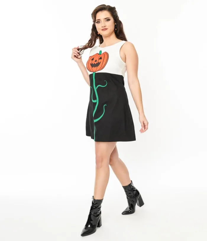 Smak Parlour 1960s Black and White Pumpkin Head Shift Dress Halloween Unique Vintage Dresses