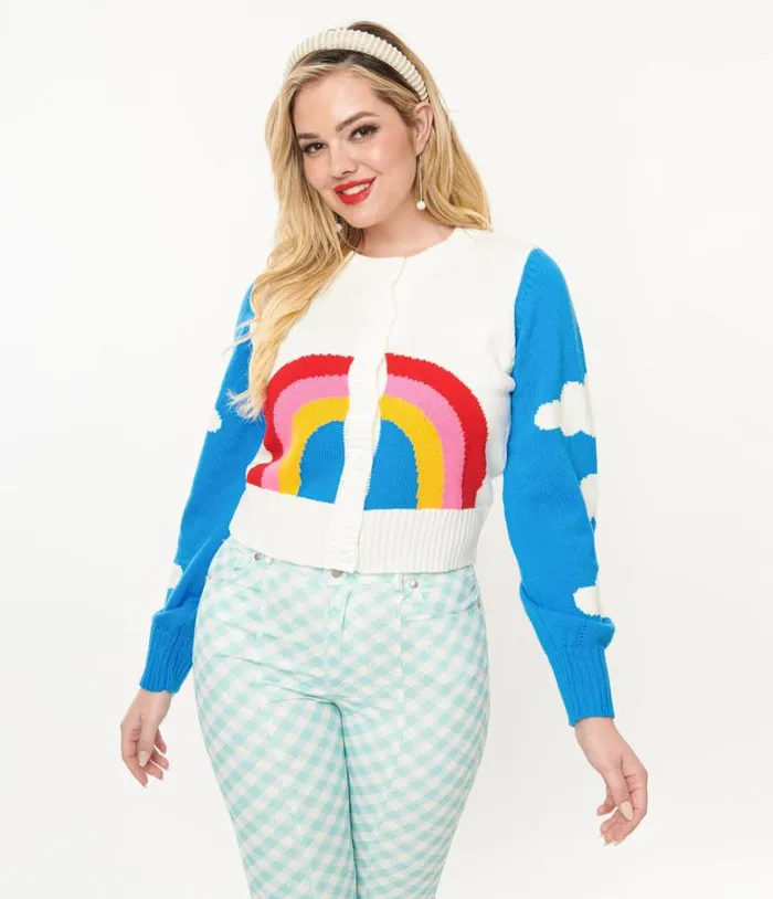 Smak Parlour 1960s Blue and Rainbow Clouds Cardigan Clothing Unique Vintage Sweaters and Cardigans Smak Parlour 1960s Blue and Rainbow Clouds Cardigan Clothing Unique Vintage Sweaters and Cardigans