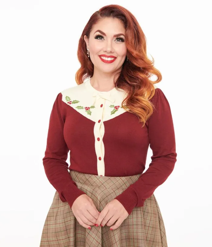 Smak Parlour 1960s Burgundy and Ivory Mistletoe Cardigan Clothing Unique Vintage Sweaters and Cardigans Smak Parlour 1960s Burgundy and Ivory Mistletoe Cardigan Clothing Unique Vintage Sweaters and Cardigans