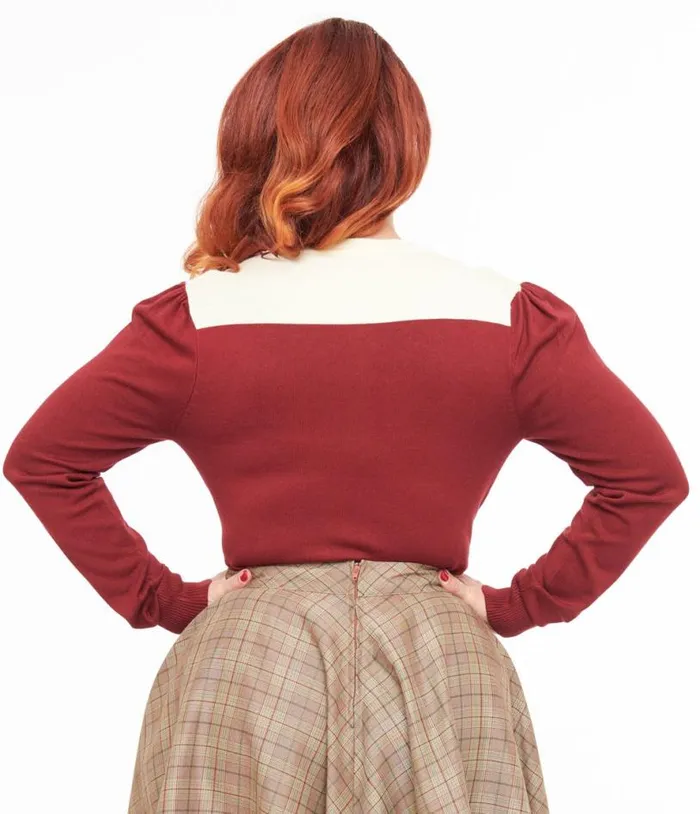 Smak Parlour 1960s Burgundy and Ivory Mistletoe Cardigan Clothing Unique Vintage Sweaters and Cardigans
