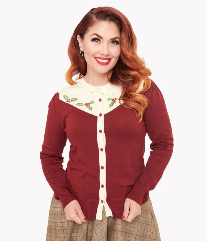 Smak Parlour 1960s Burgundy and Ivory Mistletoe Cardigan Clothing Unique Vintage Sweaters and Cardigans