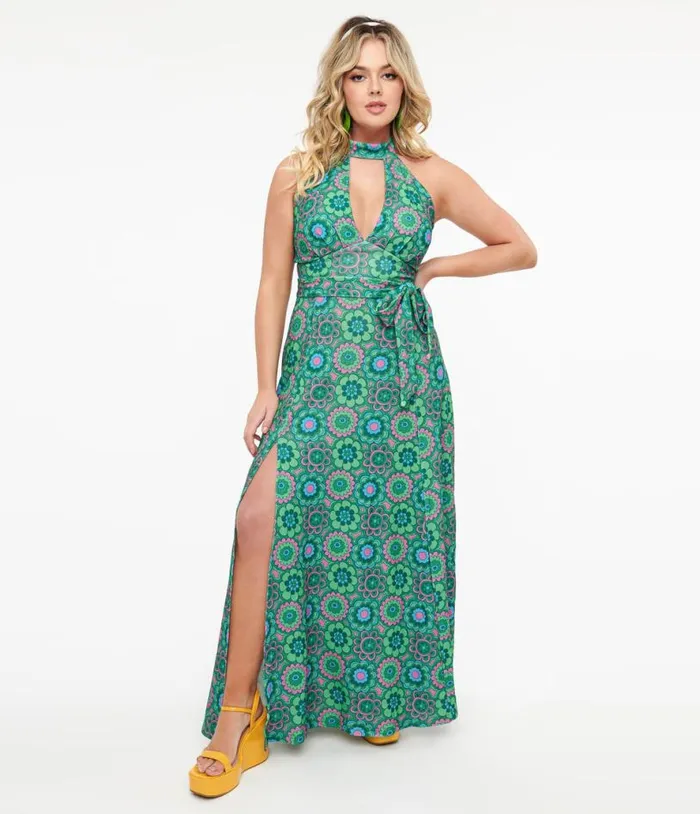 Smak Parlour 1960s Emerald Floral Halter Maxi Dress Dresses Unique Vintage Maxi