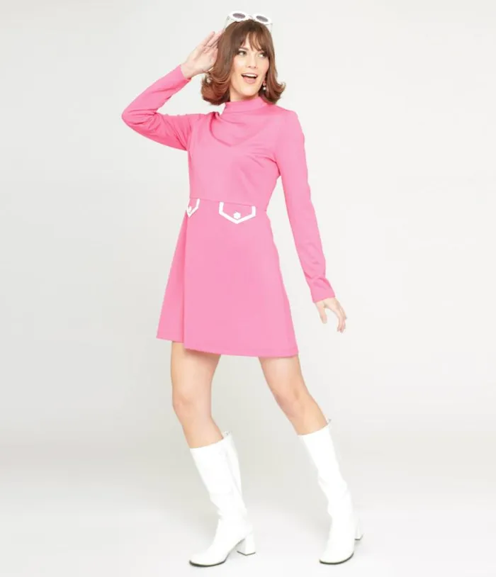 Smak Parlour 1960s Hot Pink Mock Turtleneck Fit and Flare Dress Dresses Unique Vintage Fit and Flare