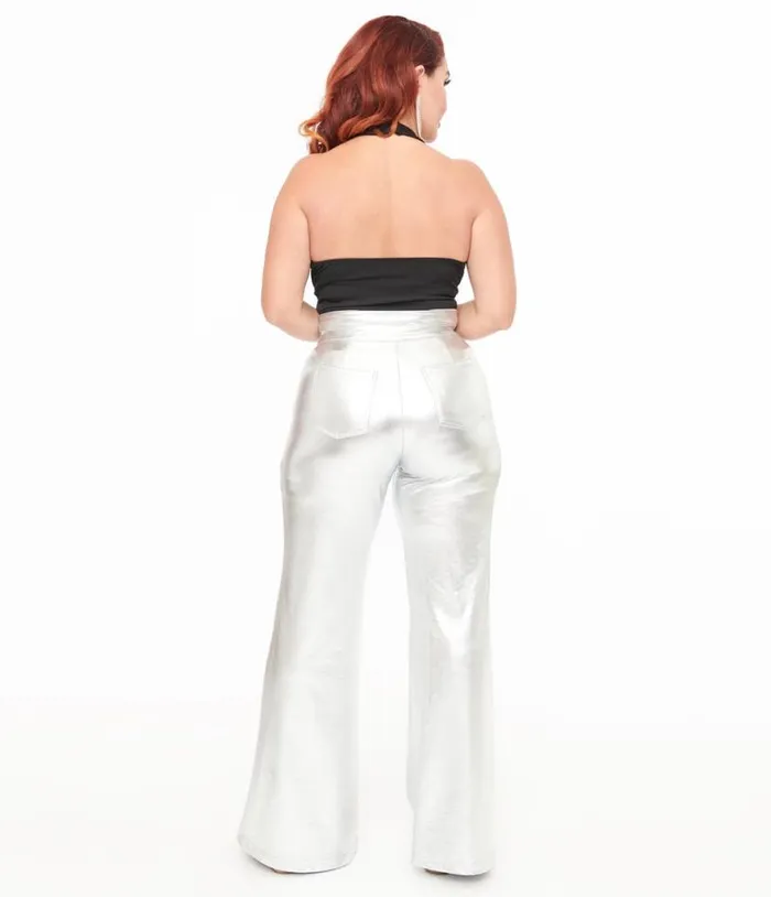 Smak Parlour 1960s Metallic Silver High Waist Flare Pants Clothing Unique Vintage Pants