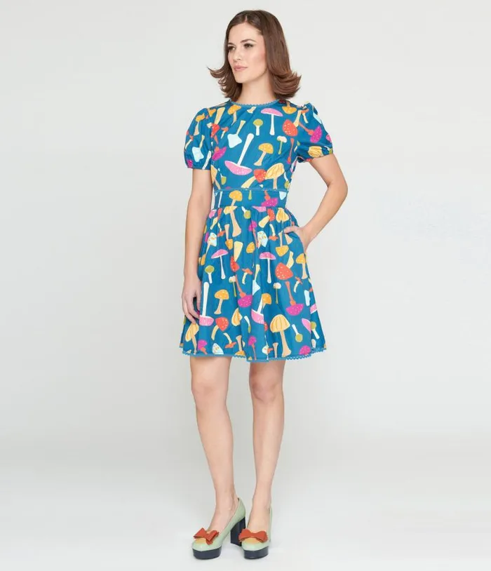 Smak Parlour 1960s Navy and Rainbow Mushroom Open Back Flare Dress Dresses Unique Vintage Fit and Flare Smak Parlour 1960s Navy and Rainbow Mushroom Open Back Flare Dress Dresses Unique Vintage Fit and Flare