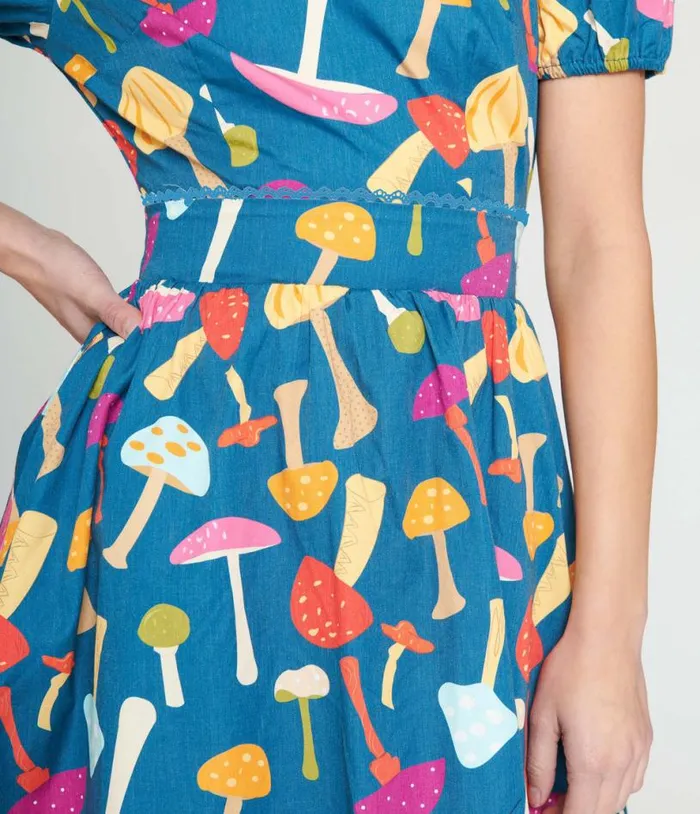 Smak Parlour 1960s Navy and Rainbow Mushroom Open Back Flare Dress Dresses Unique Vintage Fit and Flare
