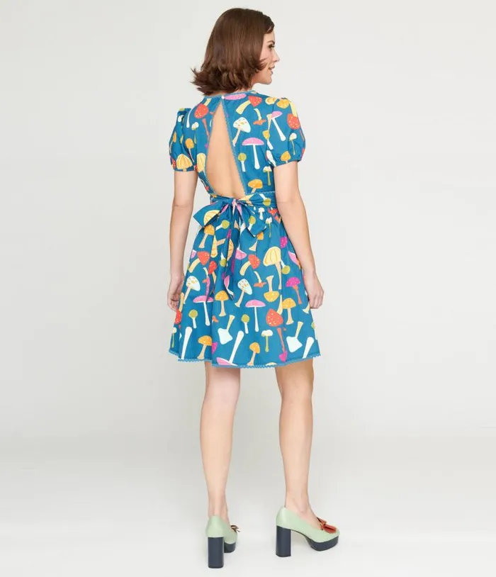 Smak Parlour 1960s Navy and Rainbow Mushroom Open Back Flare Dress Dresses Unique Vintage Fit and Flare