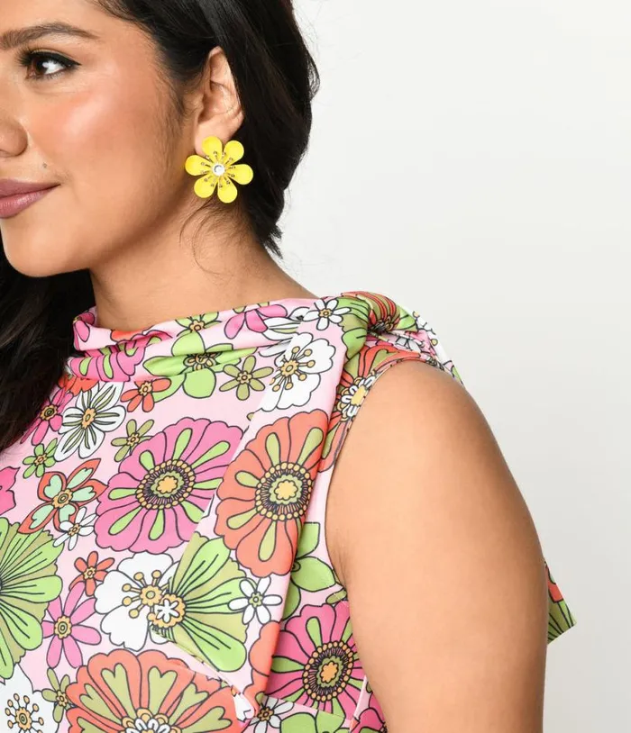 Smak Parlour 1960s Pink Retro Bloom Mock Turtleneck Fit and Flare Dress Dresses Unique Vintage Fit and Flare