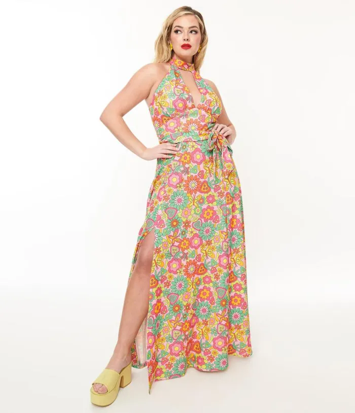 Smak Parlour 1960s Pink Strawberry Fields Halter Maxi Dress Dresses Unique Vintage Maxi