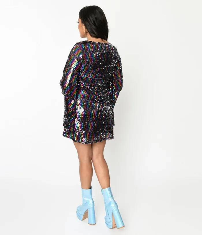 Smak Parlour 1960s Rainbow Sequin Downtown Scene Mini Dress Dresses Unique Vintage Pocket Dresses