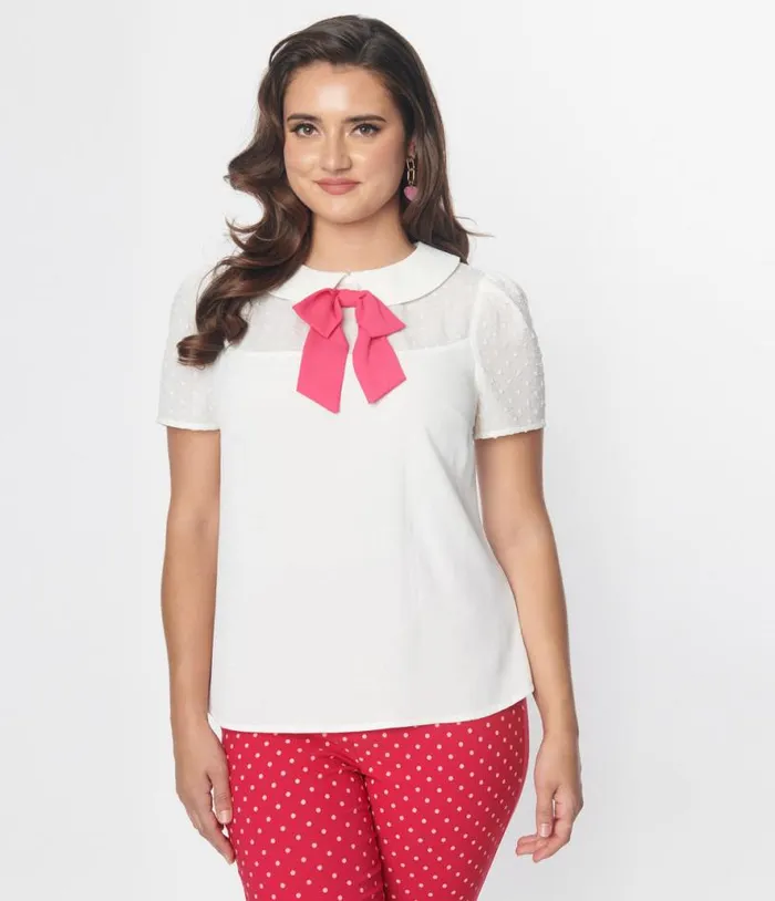 Smak Parlour 1960s White and Pink Collared Bow Blouse Clothing Unique Vintage Blouses