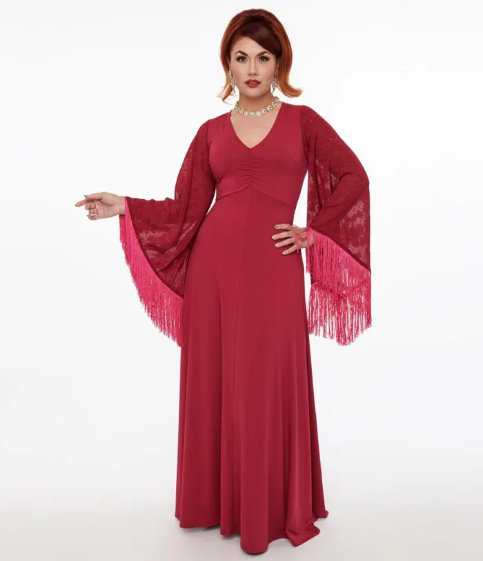 Smak Parlour 1970s Berry Floral Fringe Sleeve Maxi Dress DressesPlus Unique Vintage Midi and Maxi Smak Parlour 1970s Berry Floral Fringe Sleeve Maxi Dress DressesPlus Unique Vintage Midi and Maxi