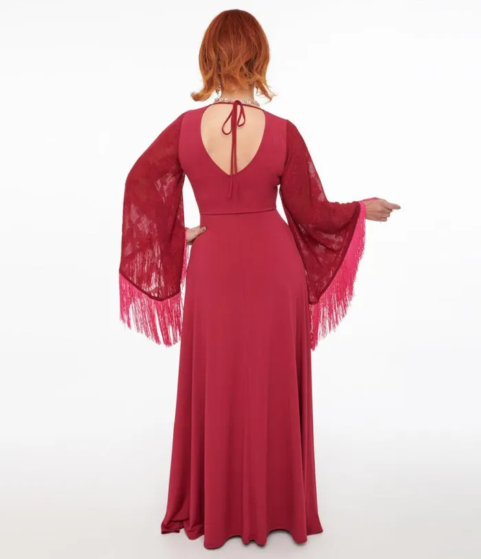 Smak Parlour 1970s Berry Floral Fringe Sleeve Maxi Dress DressesPlus Unique Vintage Midi and Maxi