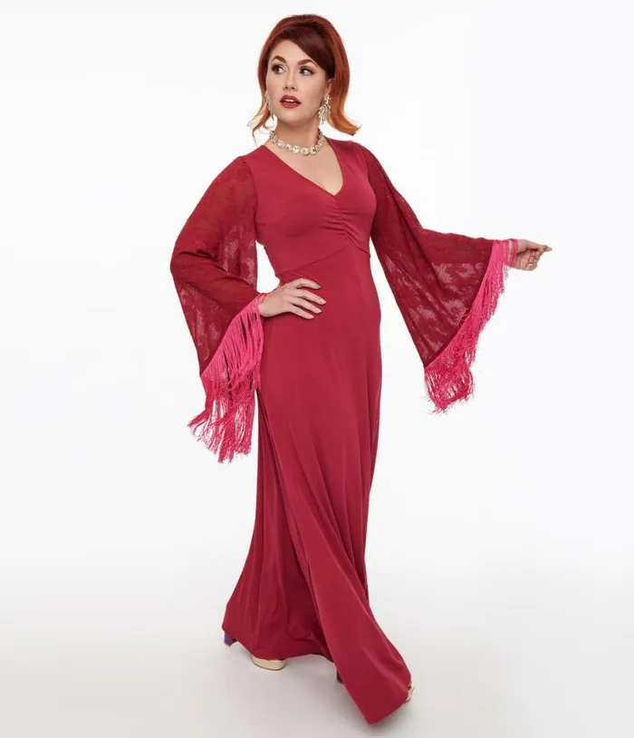 Smak Parlour 1970s Berry Floral Fringe Sleeve Maxi Dress DressesPlus Unique Vintage Midi and Maxi